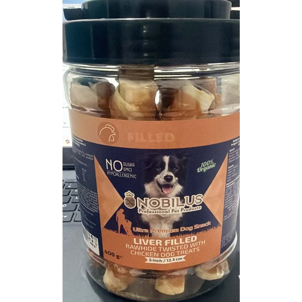 NOBILUS LIVER FİLLED RAWHİDE TWİSTED WİTH CHİCKRN DOG TREATS400G