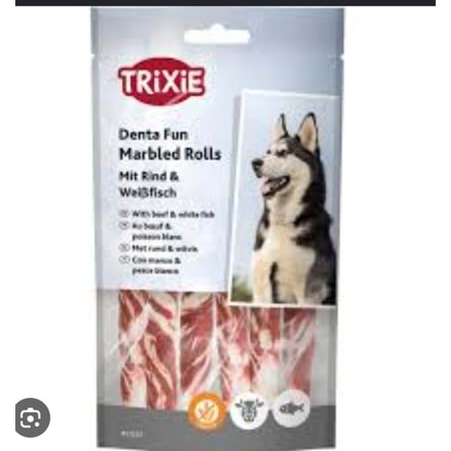 TRIXIE DENTAL FUN MARBLED ROLLS WİTH BEEF WHİTE FİSH 70G
